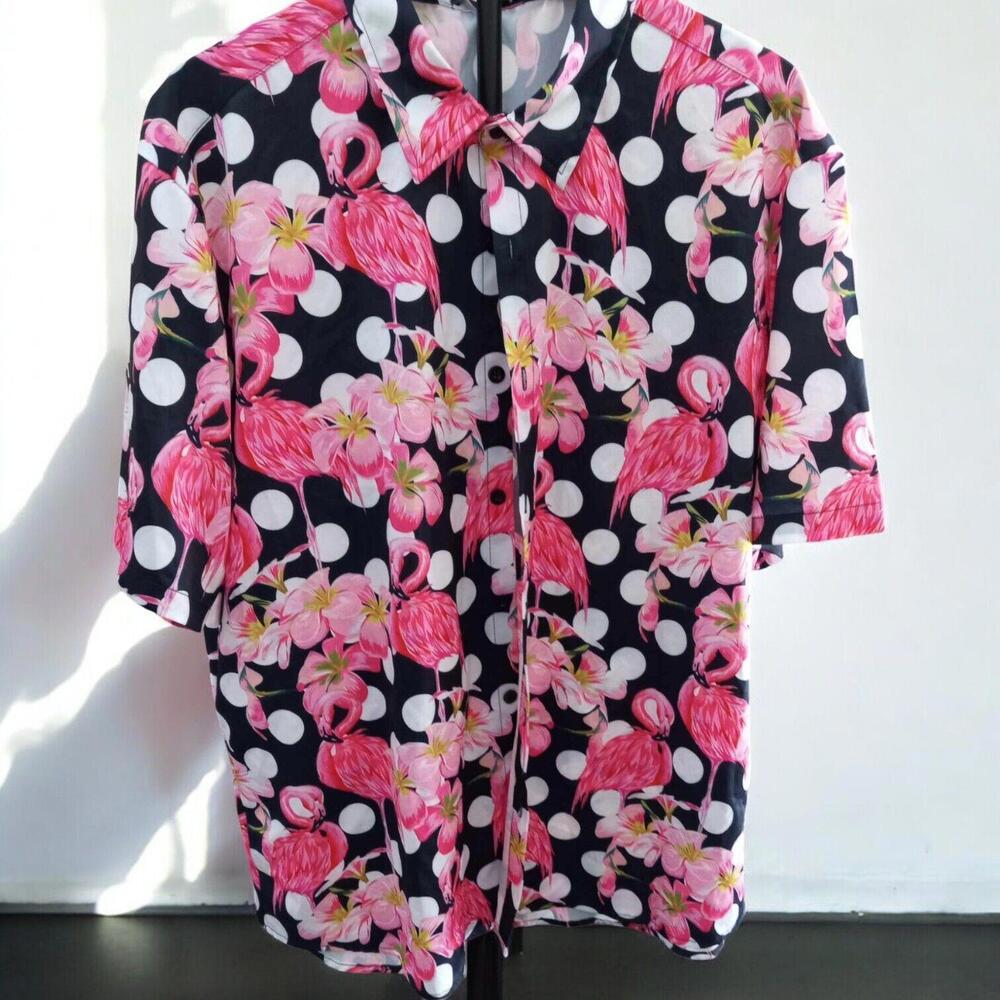 Jogal Men's X-Large Pink Flamingo Button-Down Short Sleeve Shirt